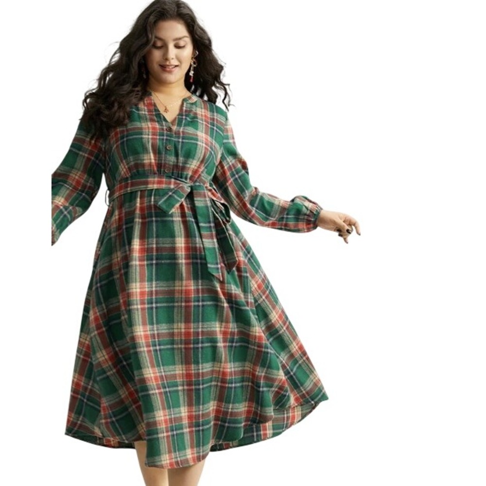 Womens Plaid Flannel Belted Midi Dress 18-20 Green Red Christmas Bloomchic